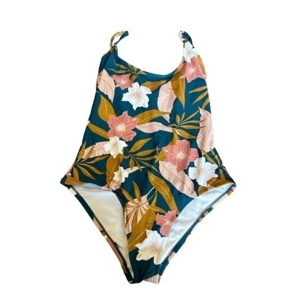 Kona Sol Tropical Teal Pink Floral Crossback Swimsuit Size Med EUC #1387